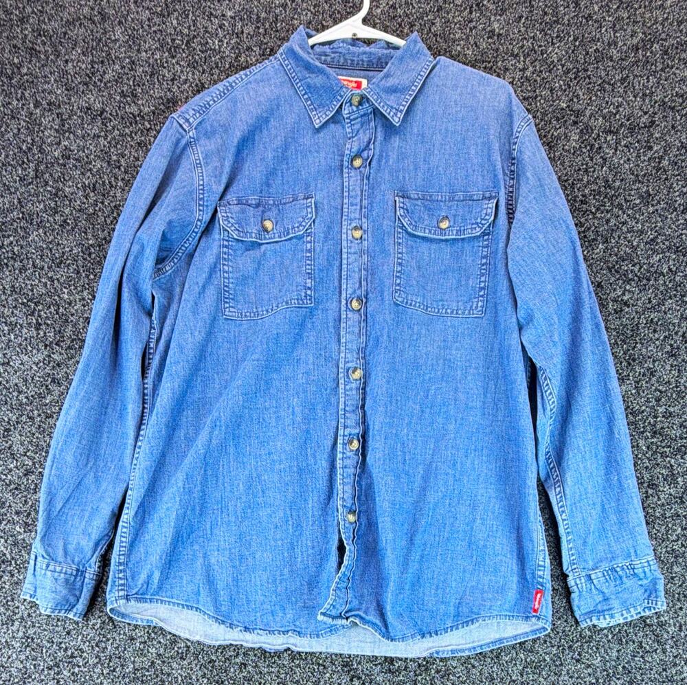 Wrangler Men's L Blue Solid Denim Cotton/Spandex L/S Point Collar Button-Up